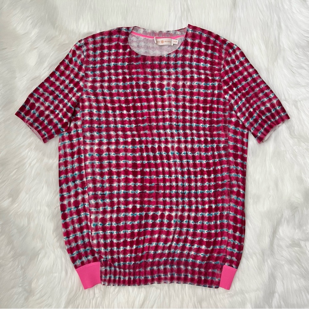 Tory Burch Sondra Pink Tie Dye Short Sleeve Knit Sweater Top